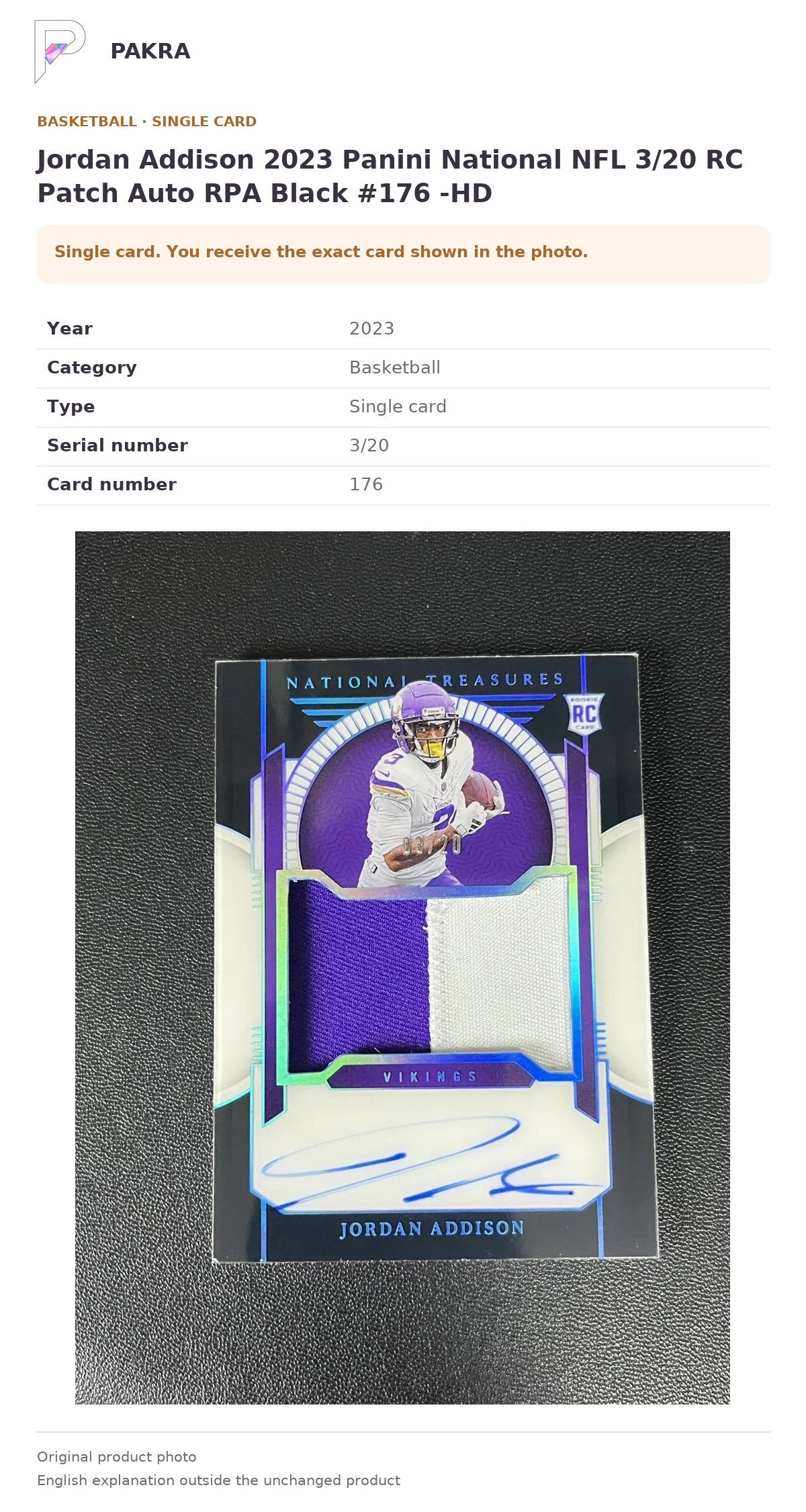 Item details and original photo for Jordan Addison 2023 Panini National NFL 3/20 RC Patch Auto RPA Black #176 -HD.