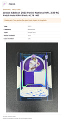 Item details and original photo for Jordan Addison 2023 Panini National NFL 3/20 RC Patch Auto RPA Black #176 -HD.