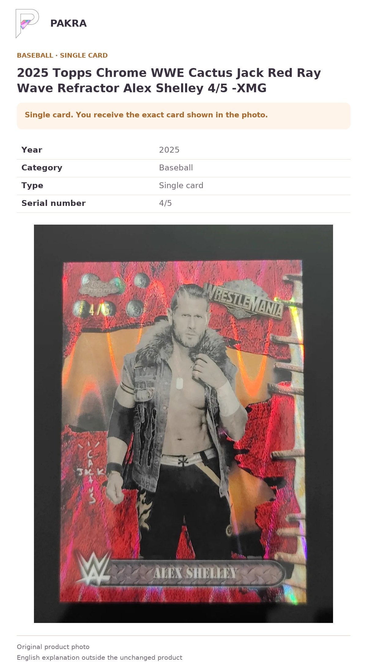Item details and original photo for 2025 Topps Chrome WWE Cactus Jack Red Ray Wave Refractor Alex Shelley 4/5 -XMG.