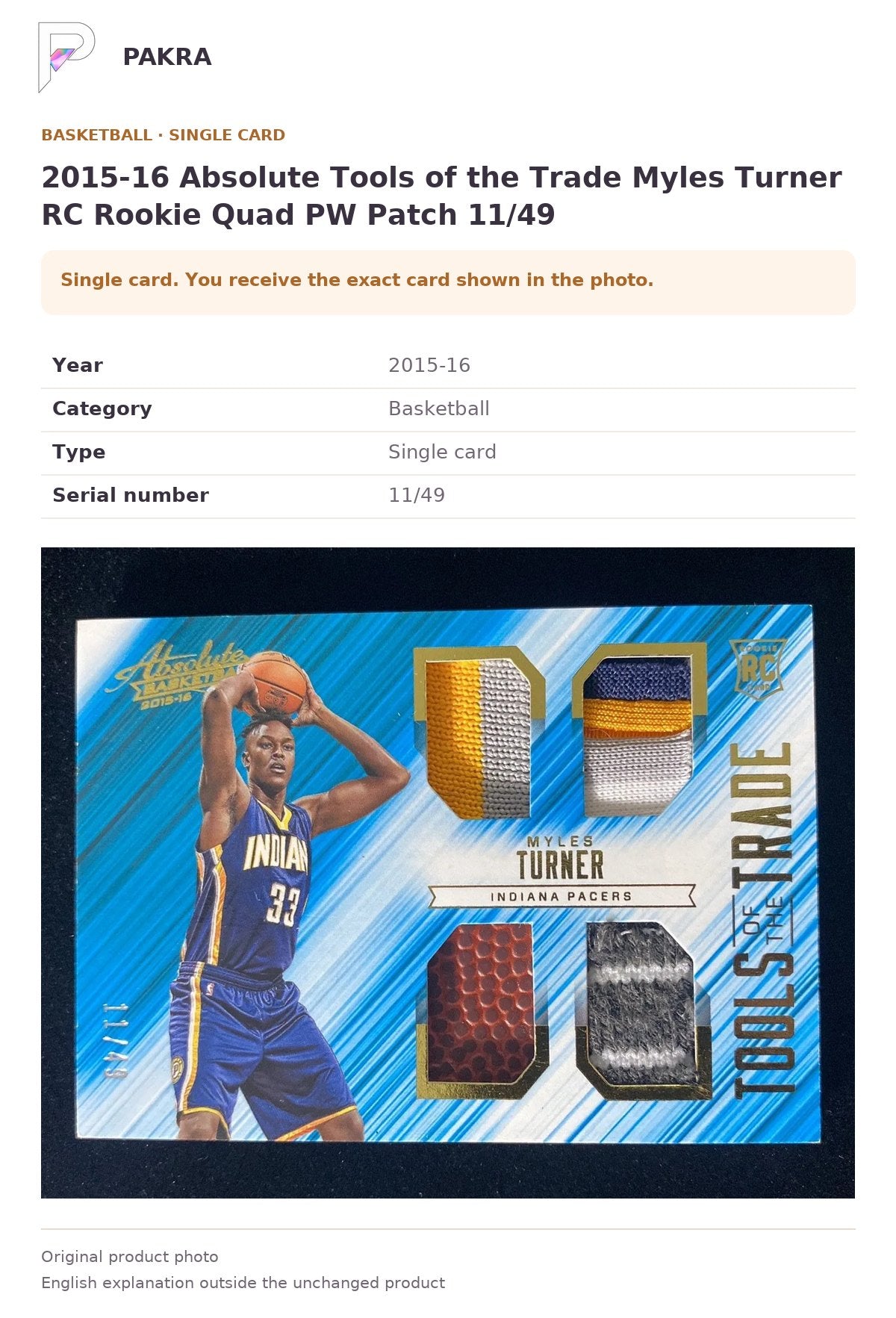 Item details and original photo for 2015-16 Absolute Tools of the Trade Myles Turner RC Rookie Quad PW Patch 11/49.