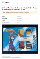 Item details and original photo for 2015-16 Absolute Tools of the Trade Myles Turner RC Rookie Quad PW Patch 11/49.