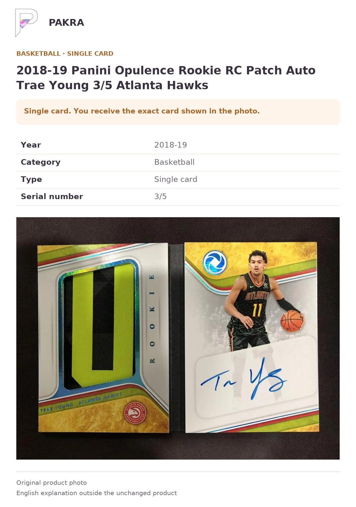 Item details and original photo for 2018-19 Panini Opulence Rookie RC Patch Auto Trae Young 3/5 Atlanta Hawks.