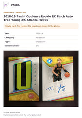 Item details and original photo for 2018-19 Panini Opulence Rookie RC Patch Auto Trae Young 3/5 Atlanta Hawks.