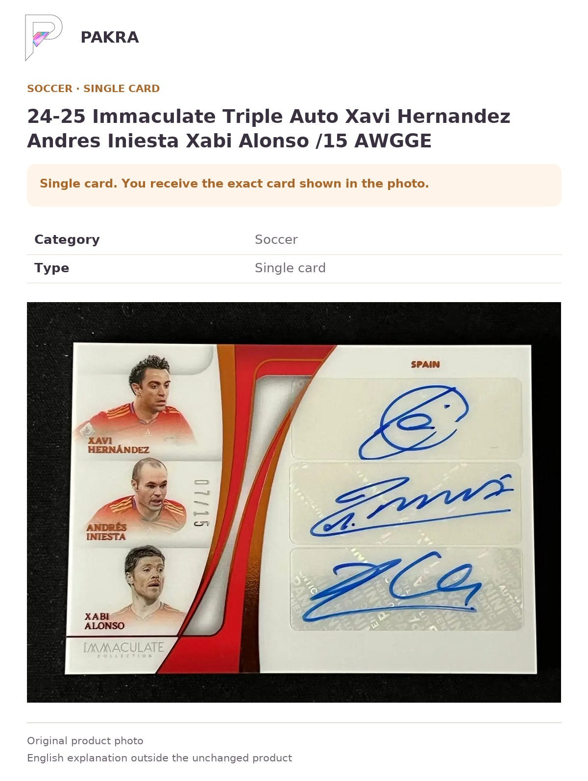 Item details and original photo for 24-25 Immaculate Triple Auto Xavi Hernandez Andres Iniesta Xabi Alonso /15 AWGGE.