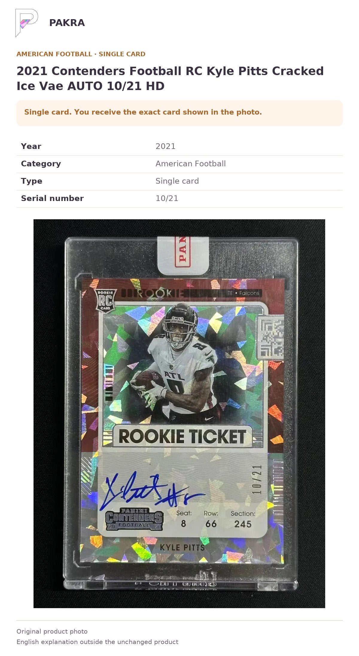 Item details and original photo for 2021 Contenders Football RC Kyle Pitts Cracked Ice Vae AUTO 10/21 HD.