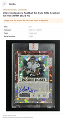 Item details and original photo for 2021 Contenders Football RC Kyle Pitts Cracked Ice Vae AUTO 10/21 HD.