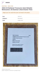 Item details and original photo for 2024-25 National Treasures Auto Notable Nicknames /25 Damian Lillard Dame Time.