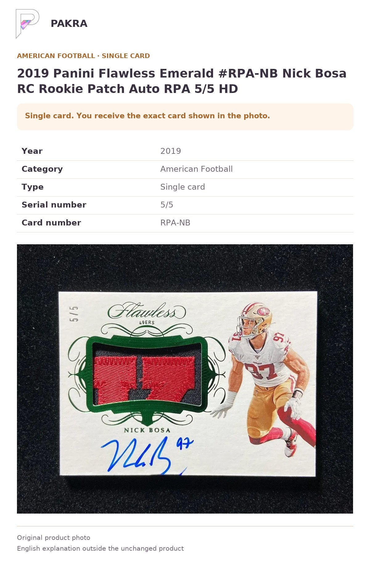 Item details and original photo for 2019 Panini Flawless Emerald #RPA-NB Nick Bosa RC Rookie Patch Auto RPA 5/5 HD.