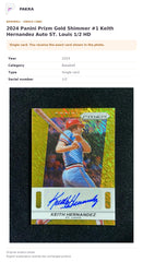Item details and original photo for 2024 Panini Prizm Gold Shimmer #1 Keith Hernandez Auto ST. Louis 1/2 HD.