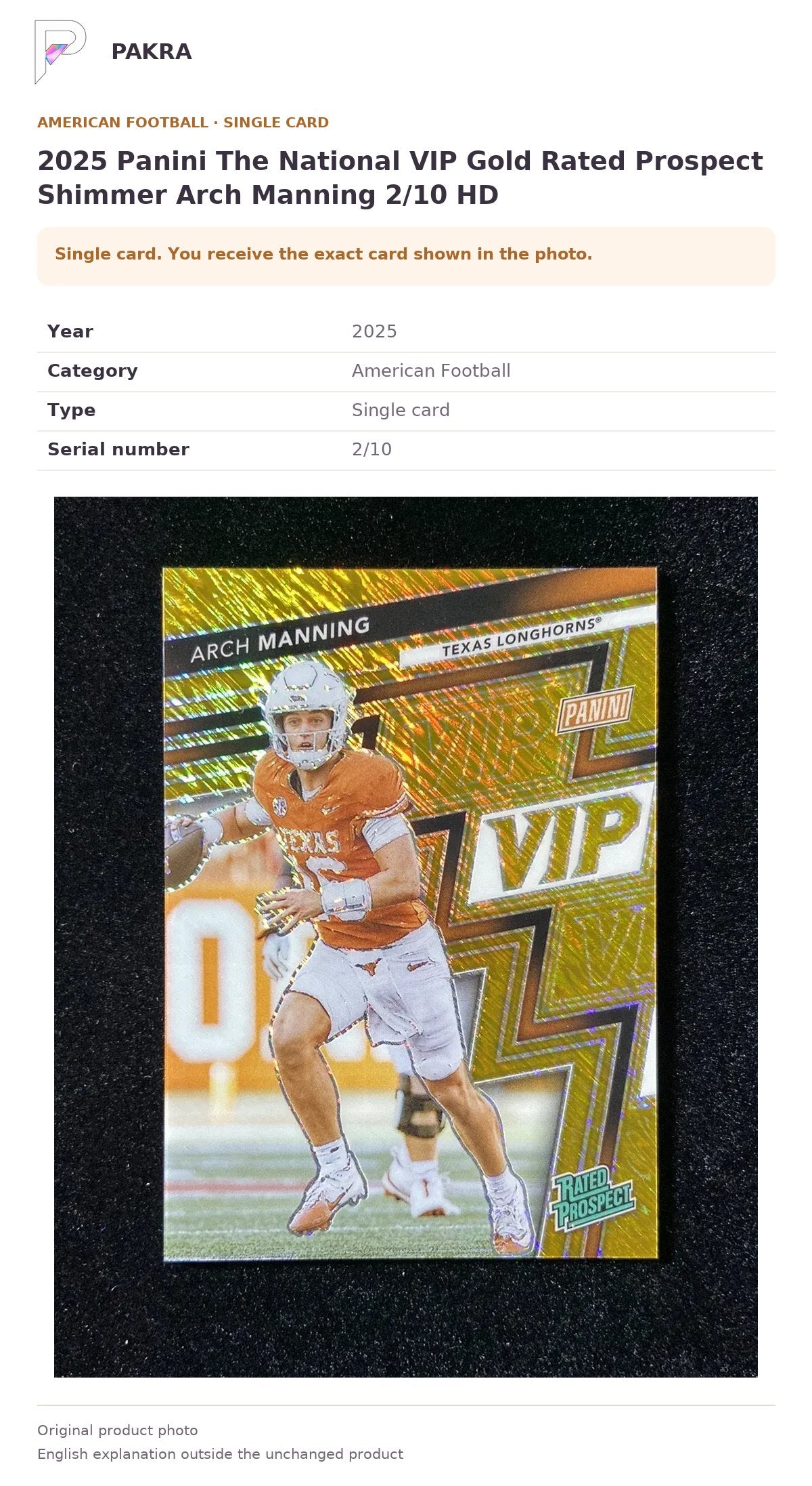 Item details and original photo for 2025 Panini The National VIP Gold Rated Prospect Shimmer Arch Manning 2/10 HD.