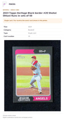 Item details and original photo for 2023 Topps Heritage Black border #20 Shohei Ohtani Runs in sets of 50.