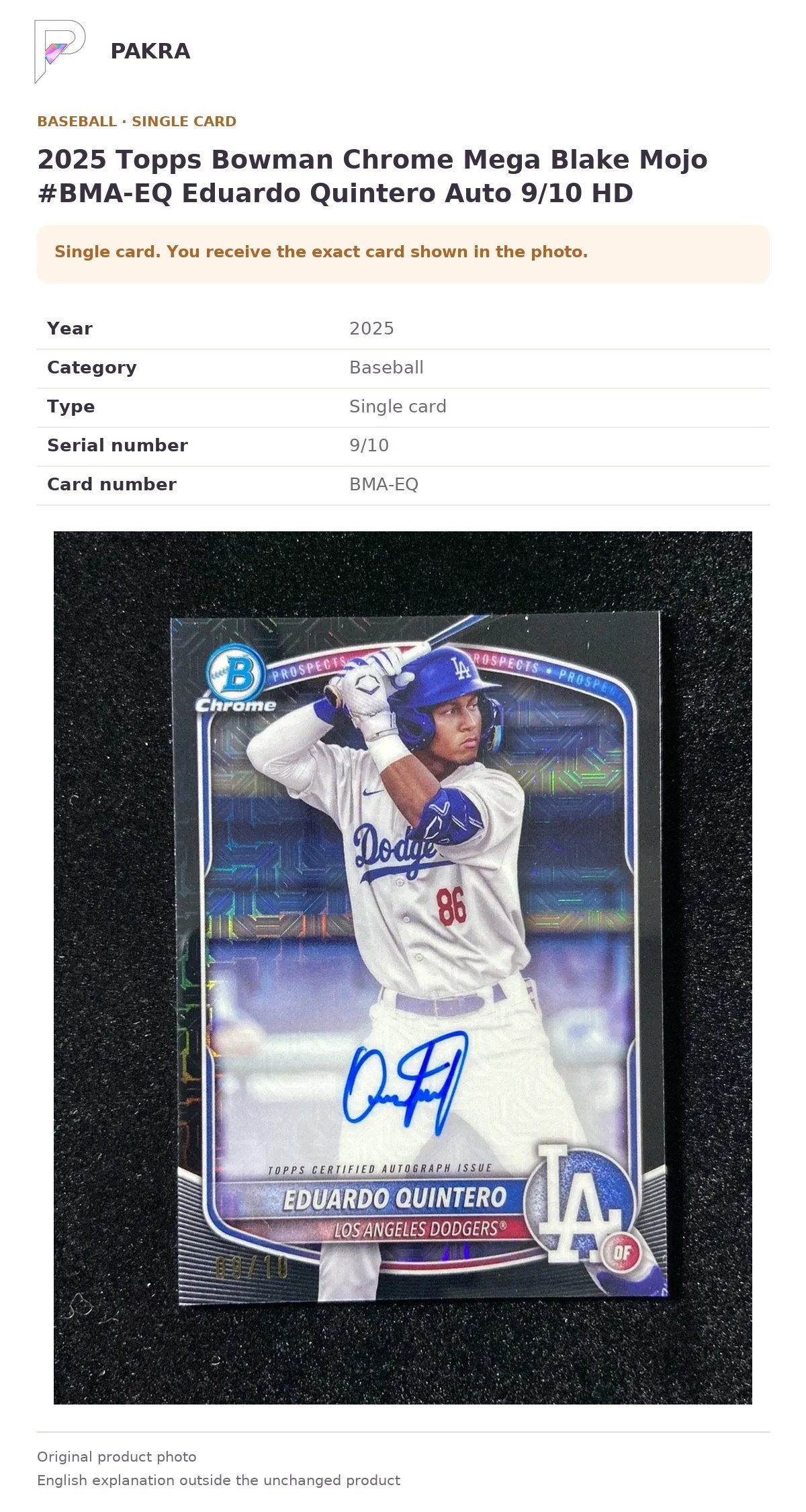 Item details and original photo for 2025 Topps Bowman Chrome Mega Blake Mojo #BMA-EQ Eduardo Quintero Auto 9/10 HD.