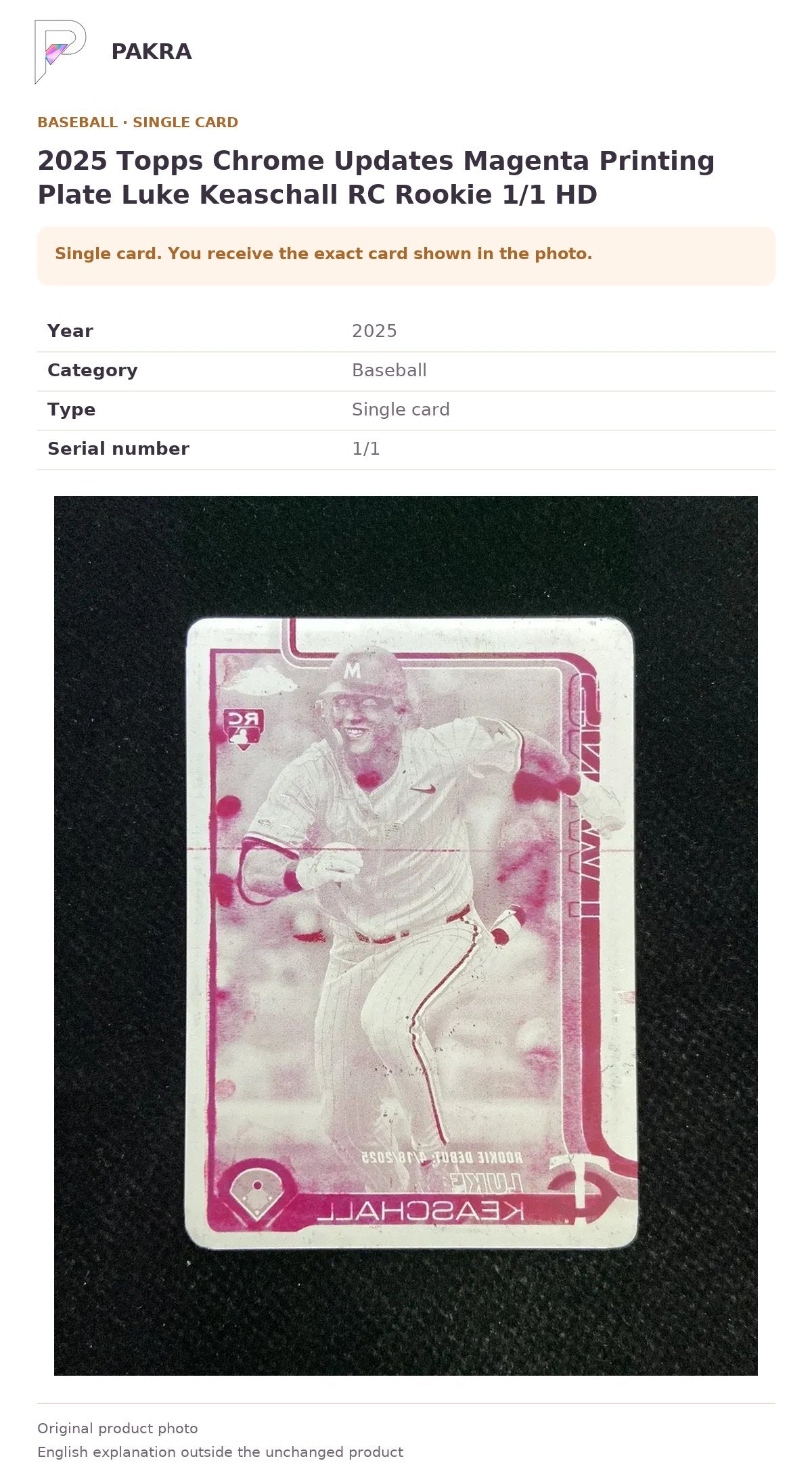 Item details and original photo for 2025 Topps Chrome Updates Magenta Printing Plate Luke Keaschall RC Rookie 1/1 HD.