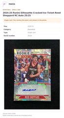 Item details and original photo for 2024-25 Panini Silhouette Cracked Ice Ticket Reed Sheppard RC Auto 25/25.