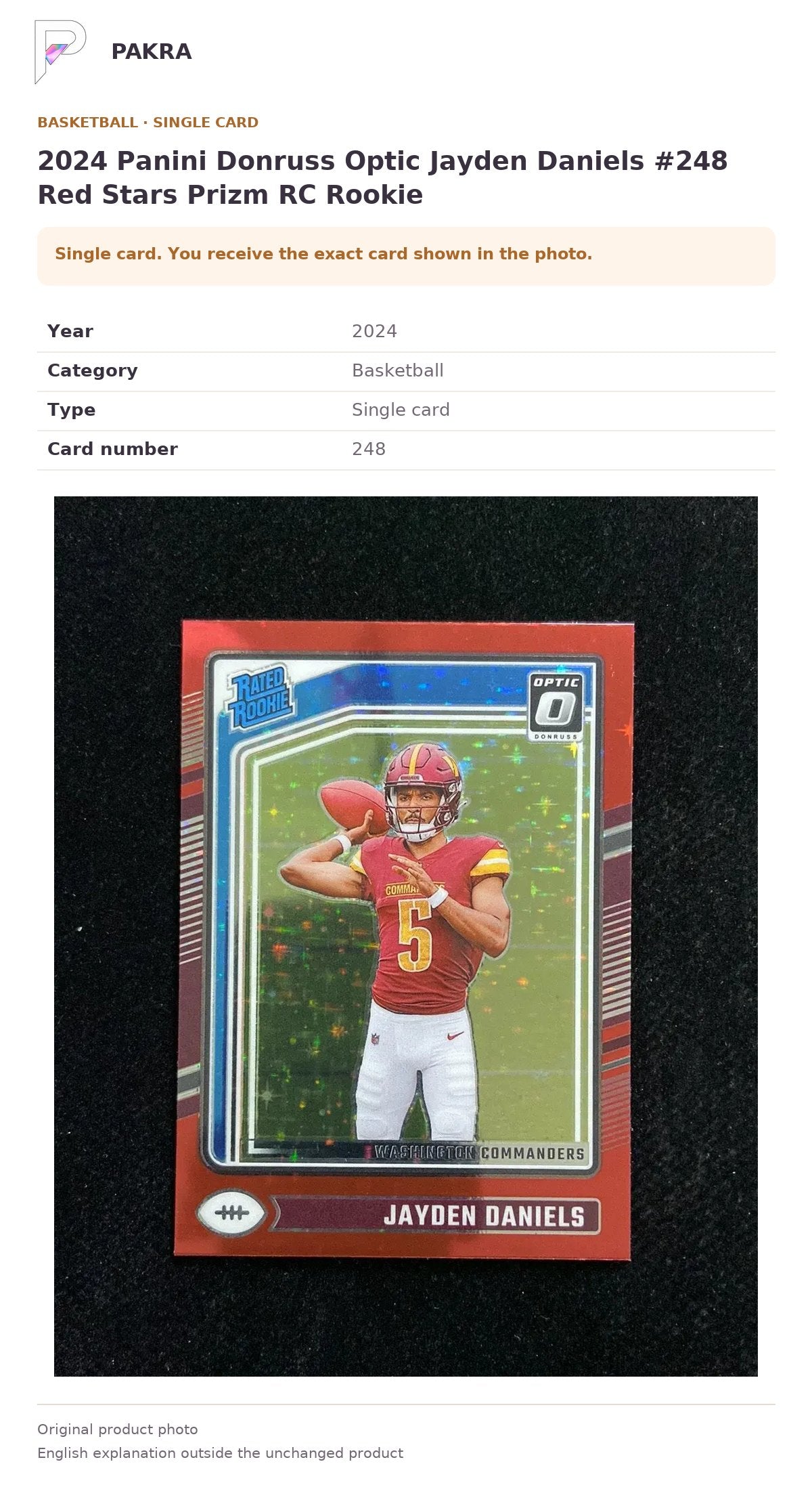 Item details and original photo for 2024 Panini Donruss Optic Jayden Daniels #248 Red Stars Prizm RC Rookie.