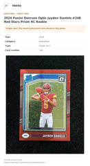 Item details and original photo for 2024 Panini Donruss Optic Jayden Daniels #248 Red Stars Prizm RC Rookie.