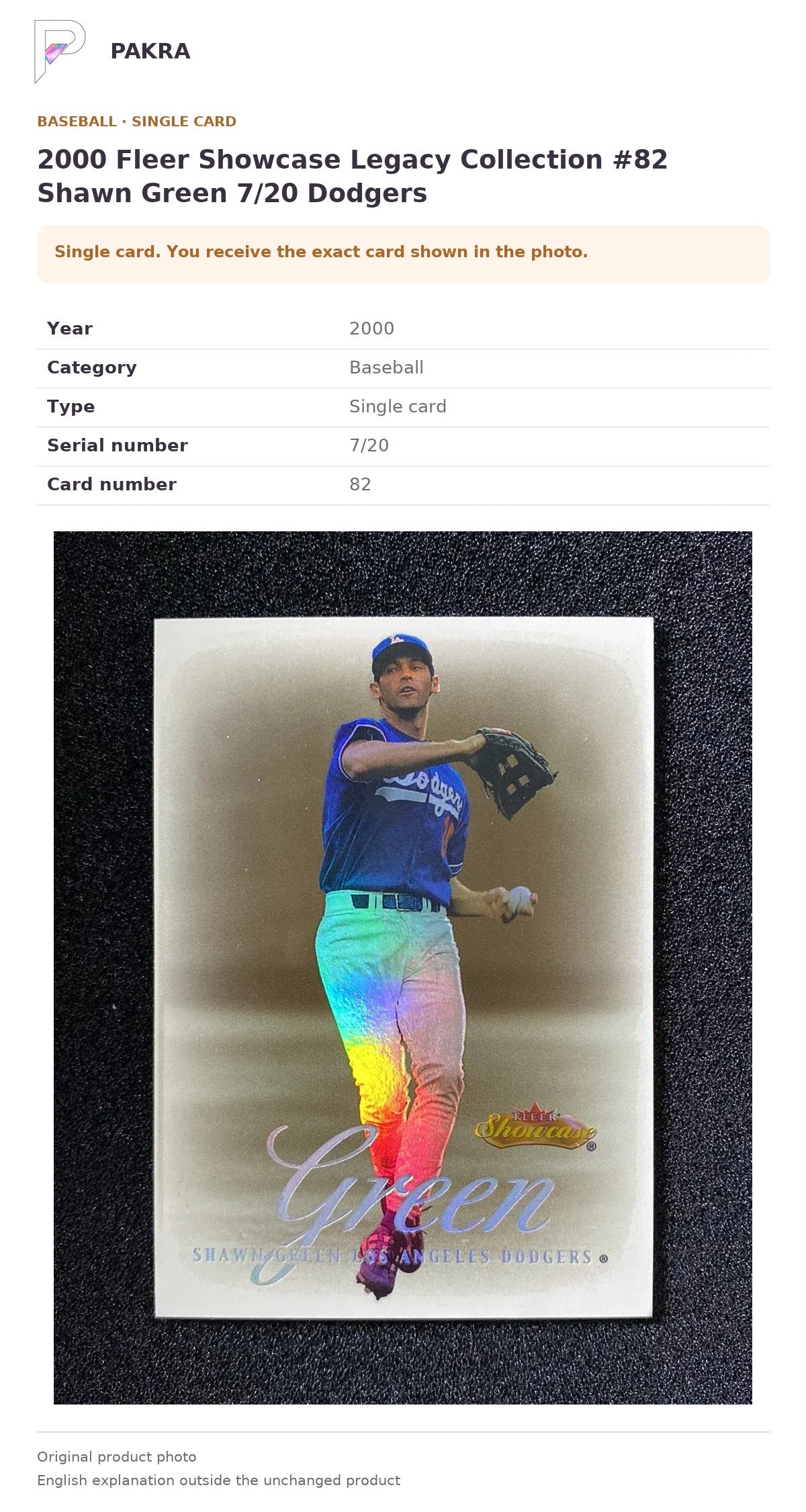 Item details and original photo for 2000 Fleer Showcase Legacy Collection #82 Shawn Green 7/20 Dodgers.