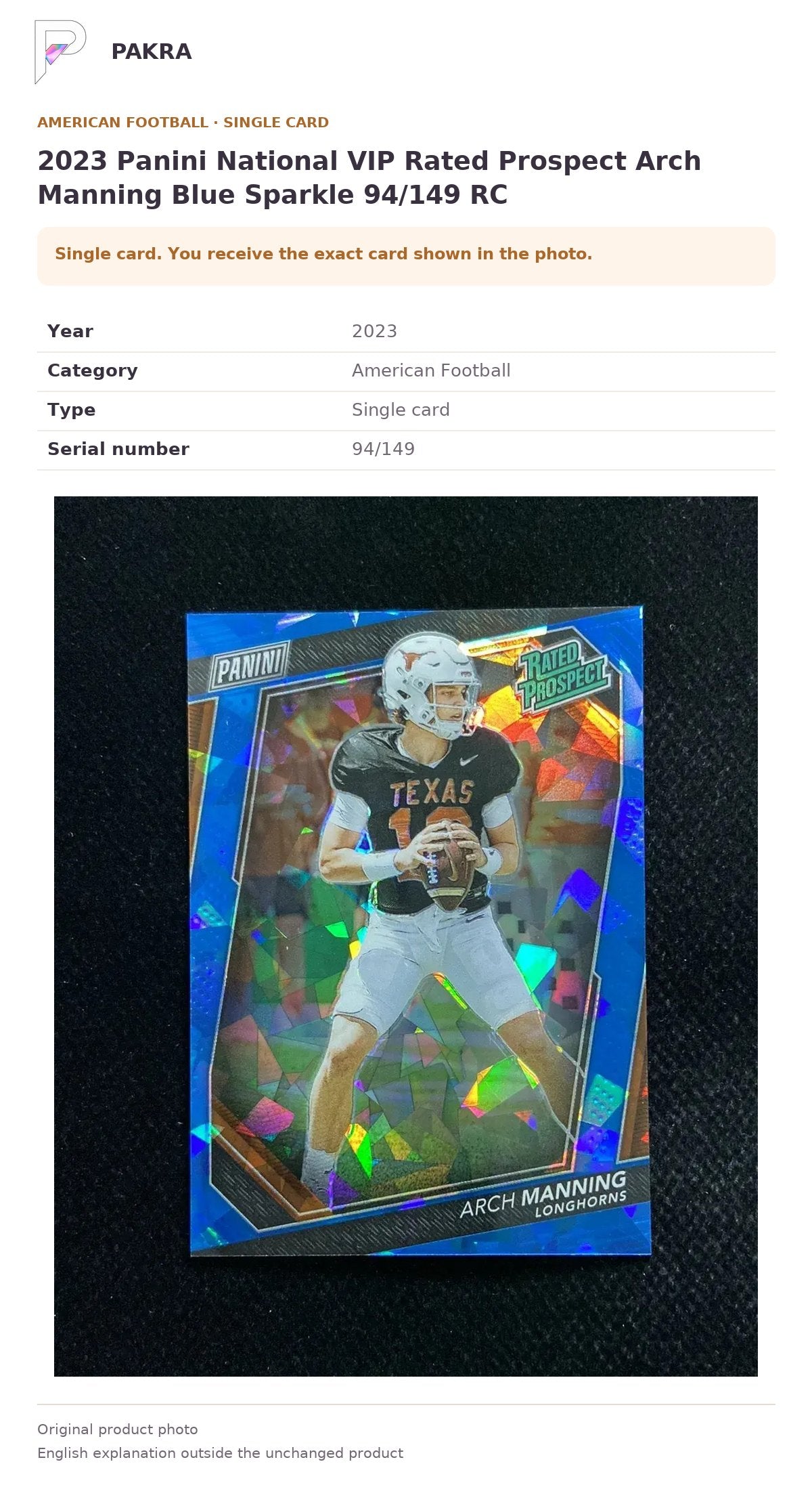 Item details and original photo for 2023 Panini National VIP Rated Prospect Arch Manning Blue Sparkle 94/149 RC.