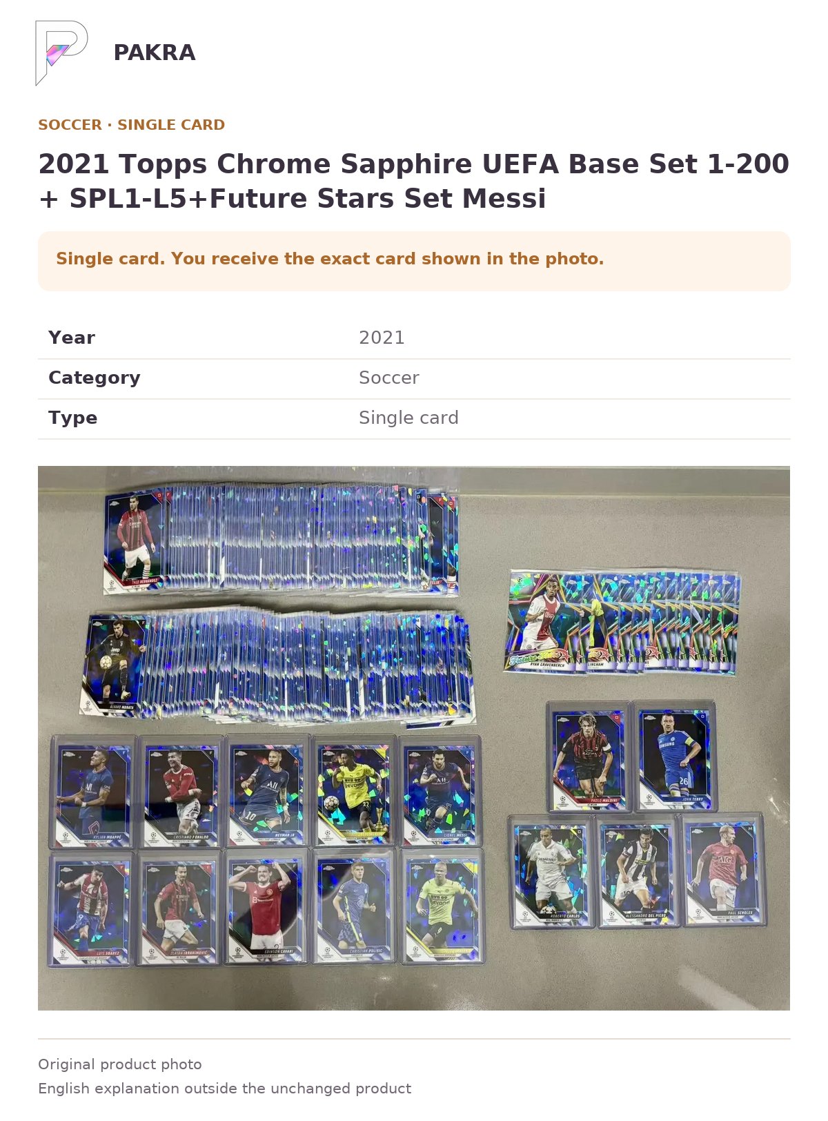 Item details and original photo for 2021 Topps Chrome Sapphire UEFA Base Set 1-200 + SPL1-L5+Future Stars Set Messi.