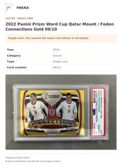Item details and original photo for 2022 Panini Prizm Word Cup Qatar Mount / Foden Connections Gold 09/10.