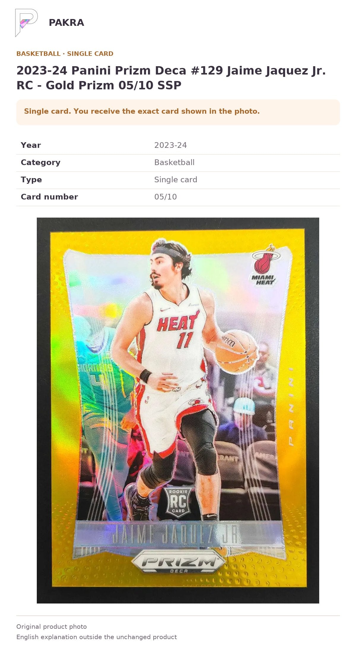 Item details and original photo for 2023-24 Panini Prizm Deca #129 Jaime Jaquez Jr. RC - Gold Prizm 05/10 SSP.