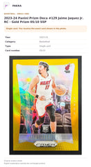 Item details and original photo for 2023-24 Panini Prizm Deca #129 Jaime Jaquez Jr. RC - Gold Prizm 05/10 SSP.