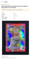 Item details and original photo for 2025 Topps Bowman Draft Chrome Red #BDC-4 Gage Wood 1st 1/5 Phillies.