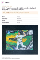 Item details and original photo for 2025 Topps Bowman Draft Chrome Crystallized Black #C-15 Jamie Arnold 02/10.