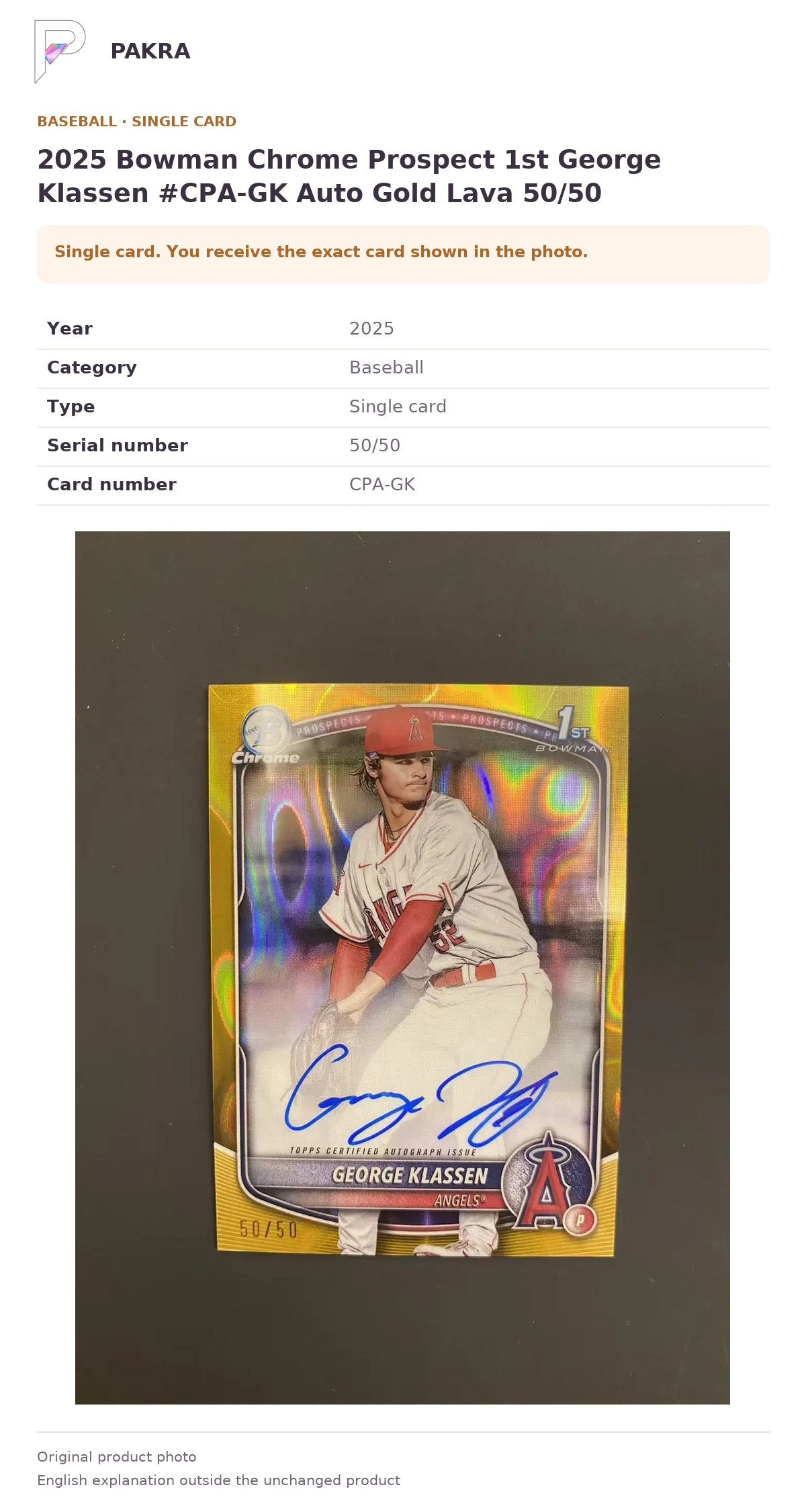 Item details and original photo for 2025 Bowman Chrome Prospect 1st George Klassen #CPA-GK Auto Gold Lava 50/50.
