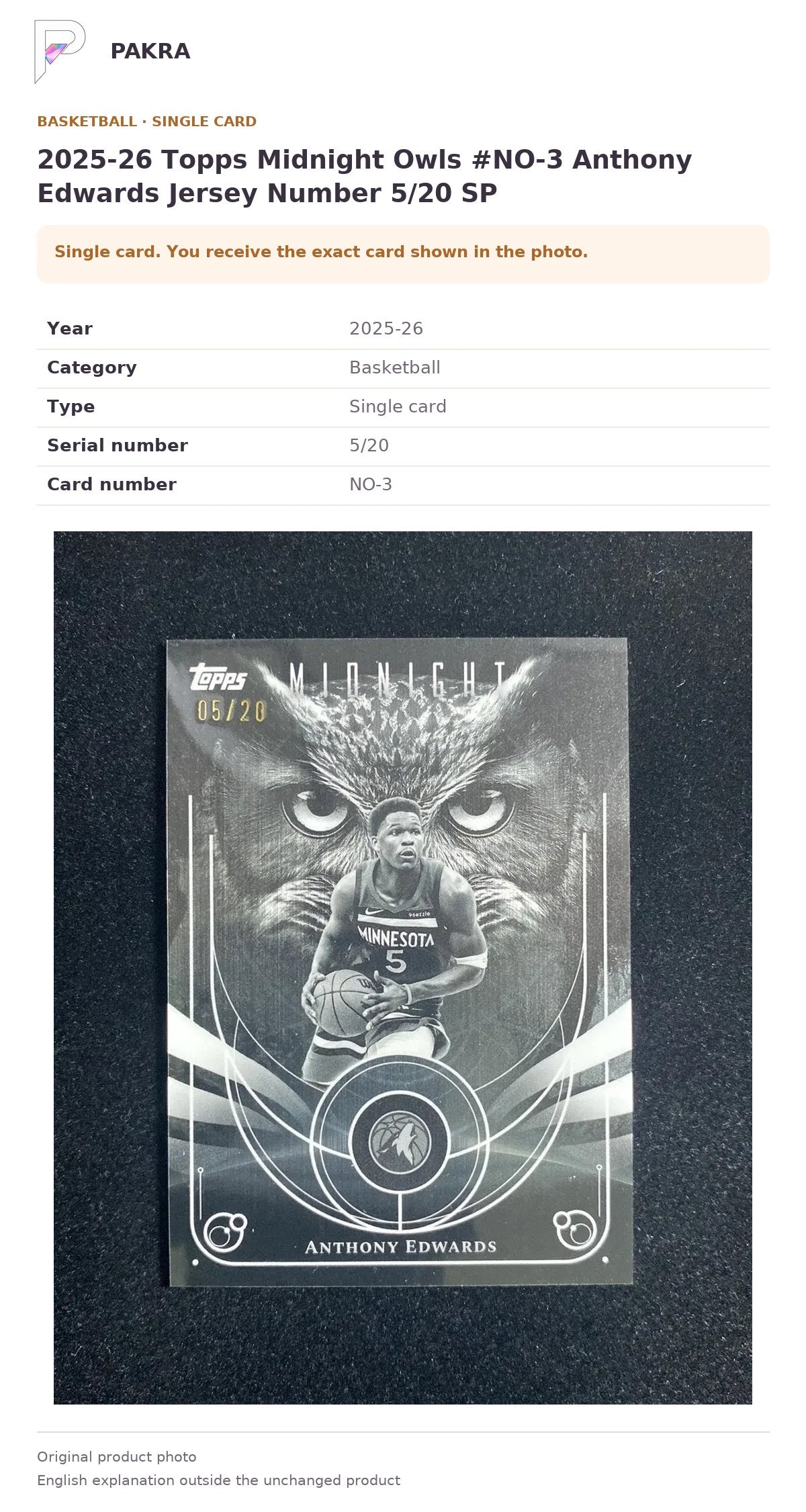 Item details and original photo for 2025-26 Topps Midnight Owls #NO-3 Anthony Edwards Jersey Number 5/20 SP.