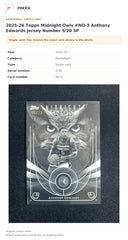 Item details and original photo for 2025-26 Topps Midnight Owls #NO-3 Anthony Edwards Jersey Number 5/20 SP.