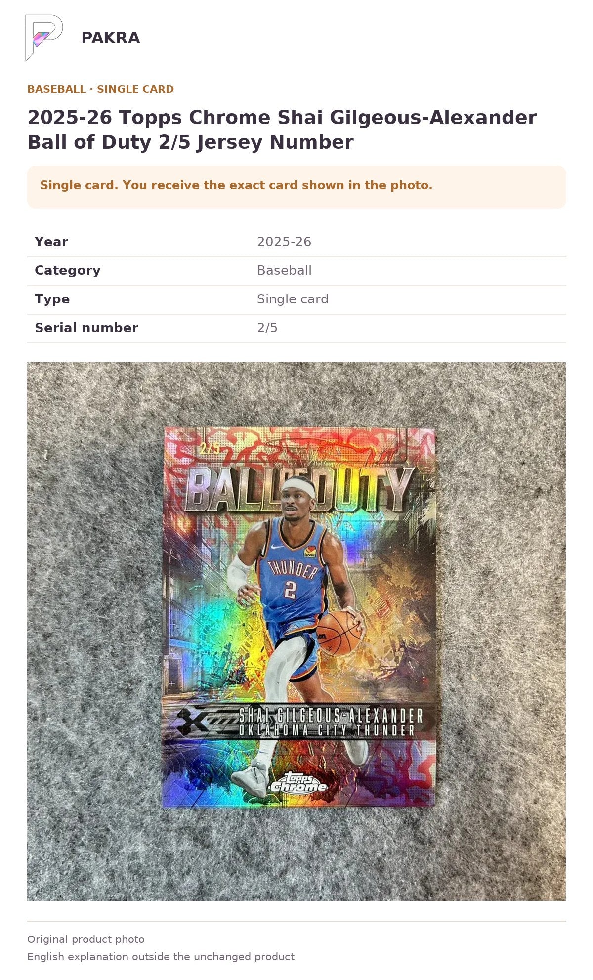 Item details and original photo for 2025-26 Topps Chrome Shai Gilgeous-Alexander Ball of Duty 2/5 Jersey Number.