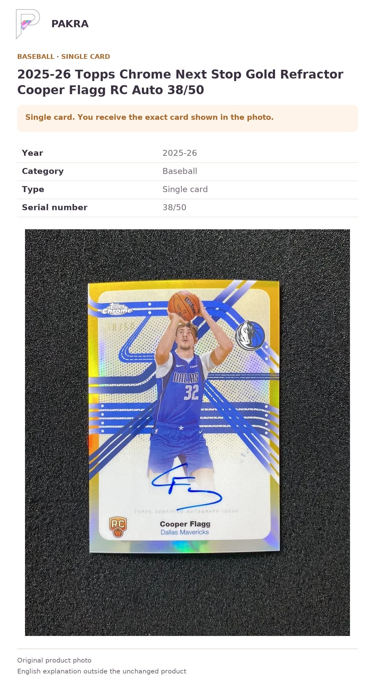 Item details and original photo for 2025-26 Topps Chrome Next Stop Gold Refractor Cooper Flagg RC Auto 38/50.