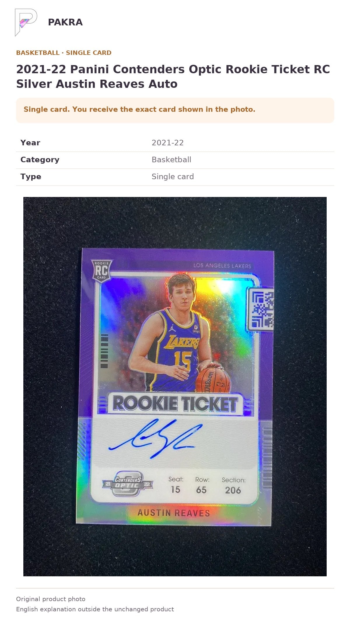 Item details and original photo for 2021-22 Panini Contenders Optic Rookie Ticket RC Silver Austin Reaves Auto.