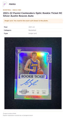 Item details and original photo for 2021-22 Panini Contenders Optic Rookie Ticket RC Silver Austin Reaves Auto.