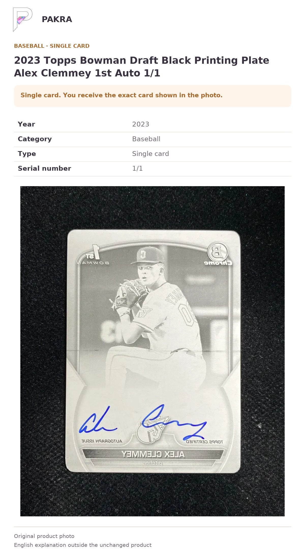 Item details and original photo for 2023 Topps Bowman Draft Black Printing Plate Alex Clemmey 1st Auto 1/1.