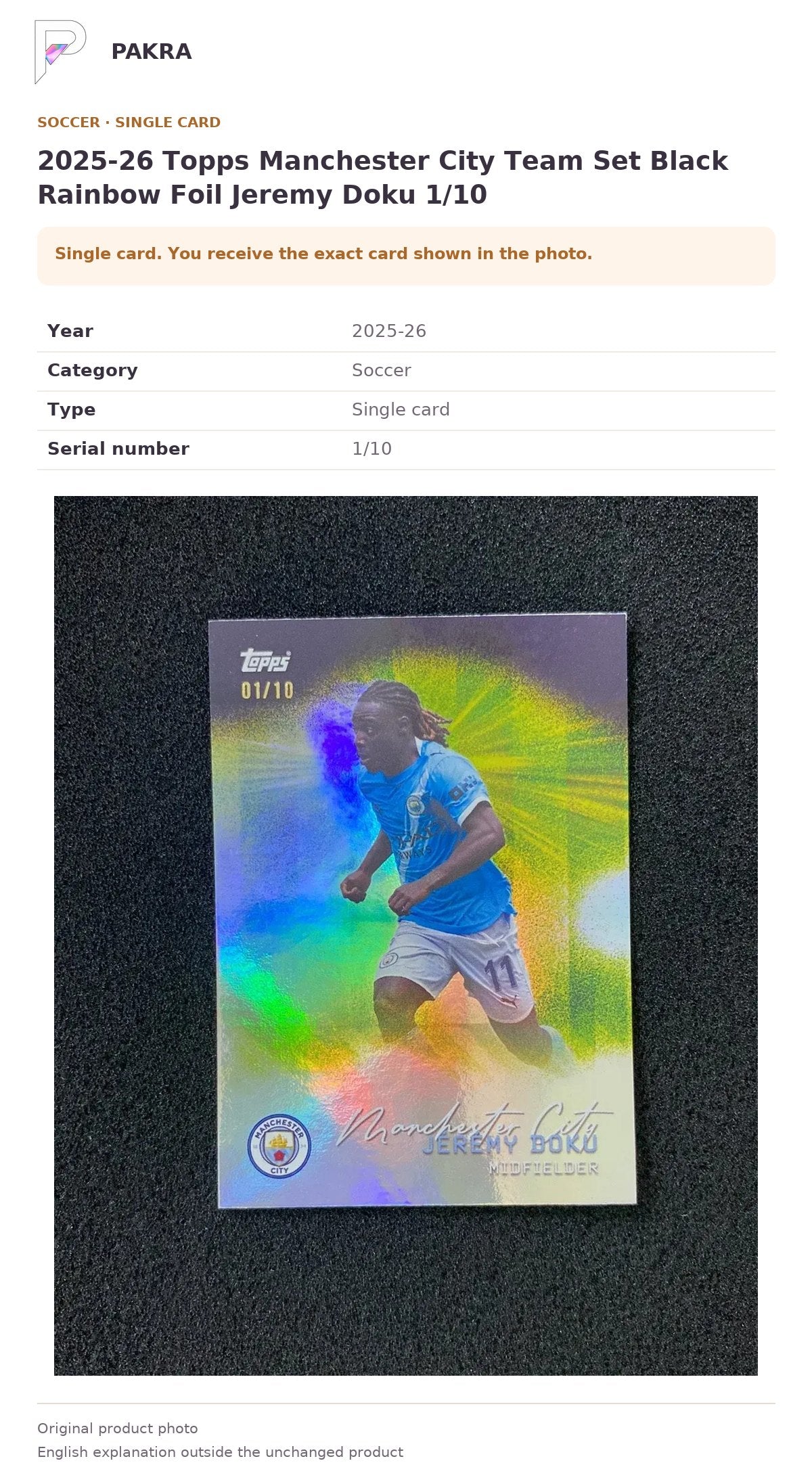 Item details and original photo for 2025-26 Topps Manchester City Team Set Black Rainbow Foil Jeremy Doku 1/10.