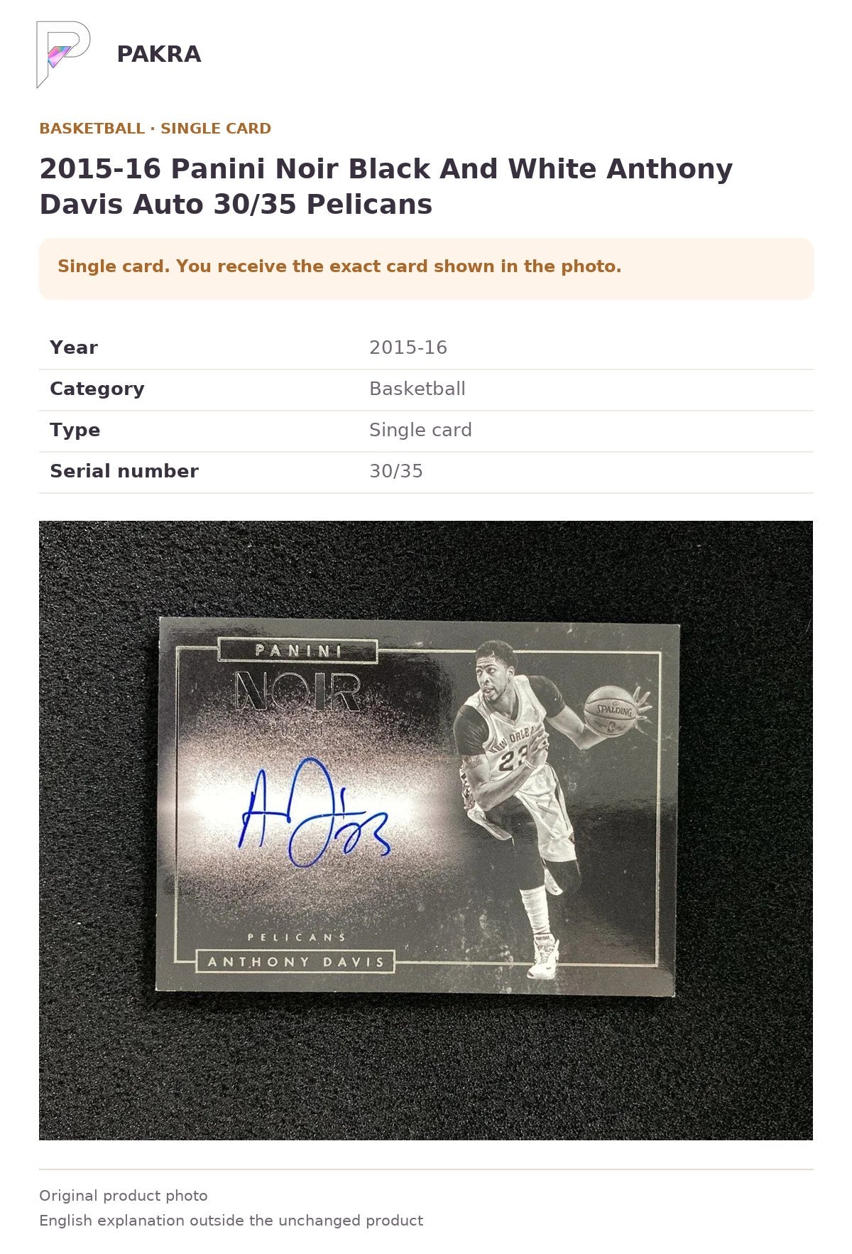 Item details and original photo for 2015-16 Panini Noir Black And White Anthony Davis Auto 30/35 Pelicans.