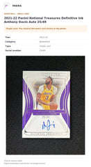 Item details and original photo for 2021-22 Panini National Treasures Definitive Ink Anthony Davis Auto 25/49.