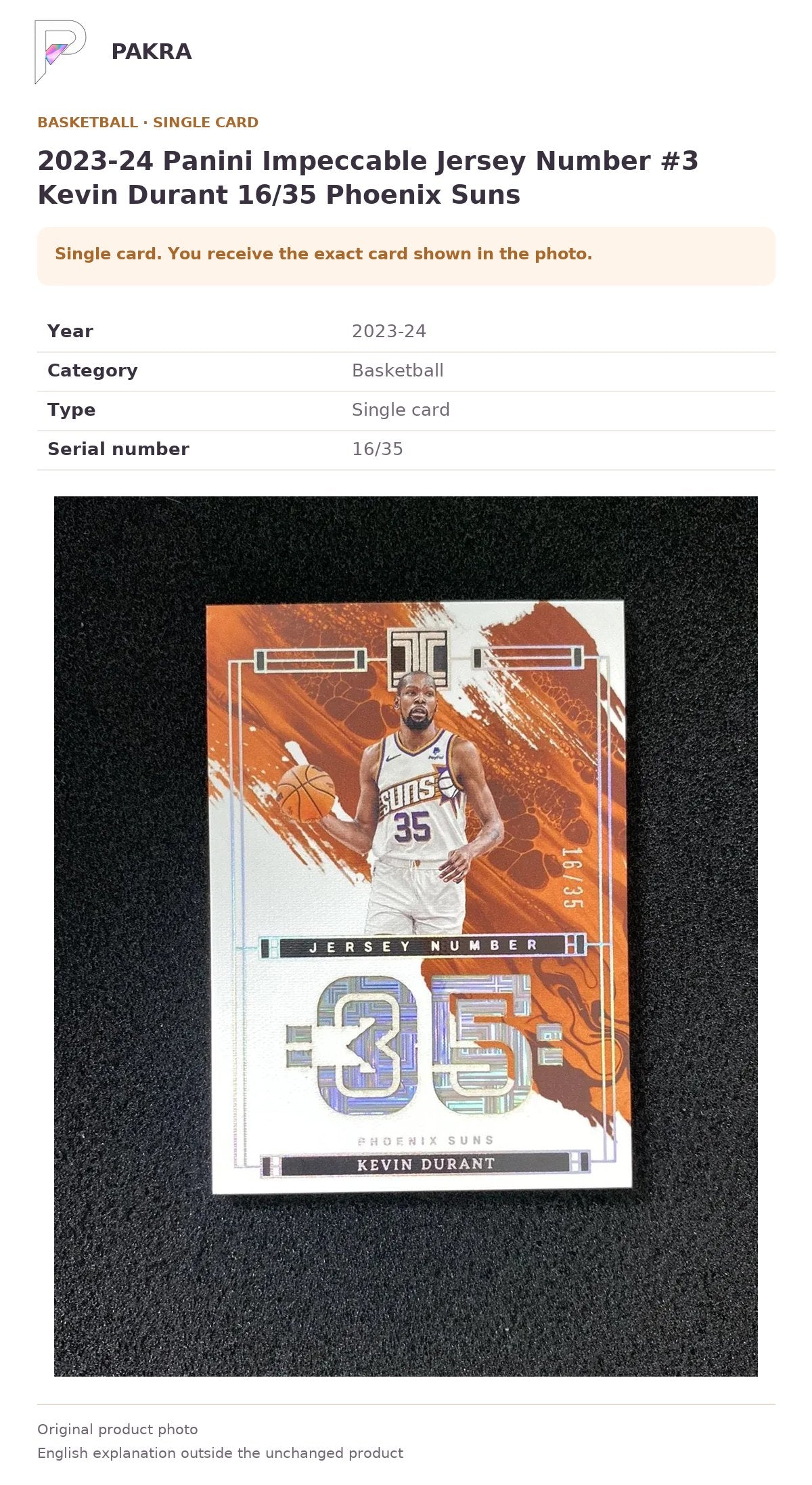Item details and original photo for 2023-24 Panini Impeccable Jersey Number #3 Kevin Durant 16/35 Phoenix Suns.