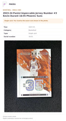 Item details and original photo for 2023-24 Panini Impeccable Jersey Number #3 Kevin Durant 16/35 Phoenix Suns.