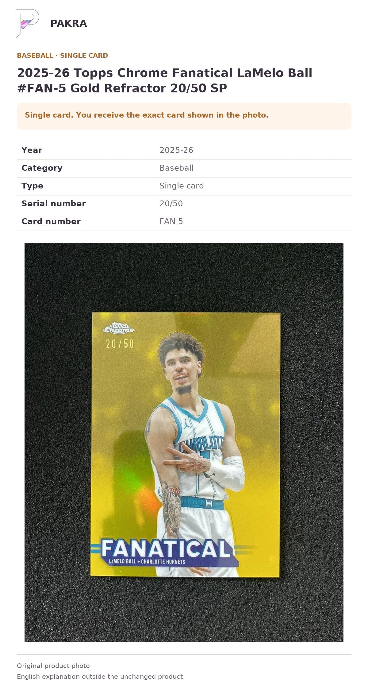 Item details and original photo for 2025-26 Topps Chrome Fanatical LaMelo Ball #FAN-5 Gold Refractor 20/50 SP.