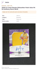 Item details and original photo for 2020-21 Crown Royale Silhouettes Patch Auto PA GU Anthony Davis 46/49.