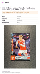 Item details and original photo for 2025-26 Topps Arsenal Team Set Max Dowman Cracked Ice 47/75 #7 RC Rookie.