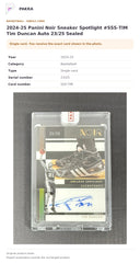 Item details and original photo for 2024-25 Panini Noir Sneaker Spotlight #SSS-TIM Tim Duncan Auto 23/25 Sealed.