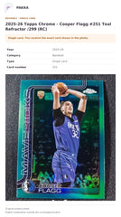 Item details and original photo for 2025-26 Topps Chrome - Cooper Flagg #251 Teal Refractor /299 (RC).