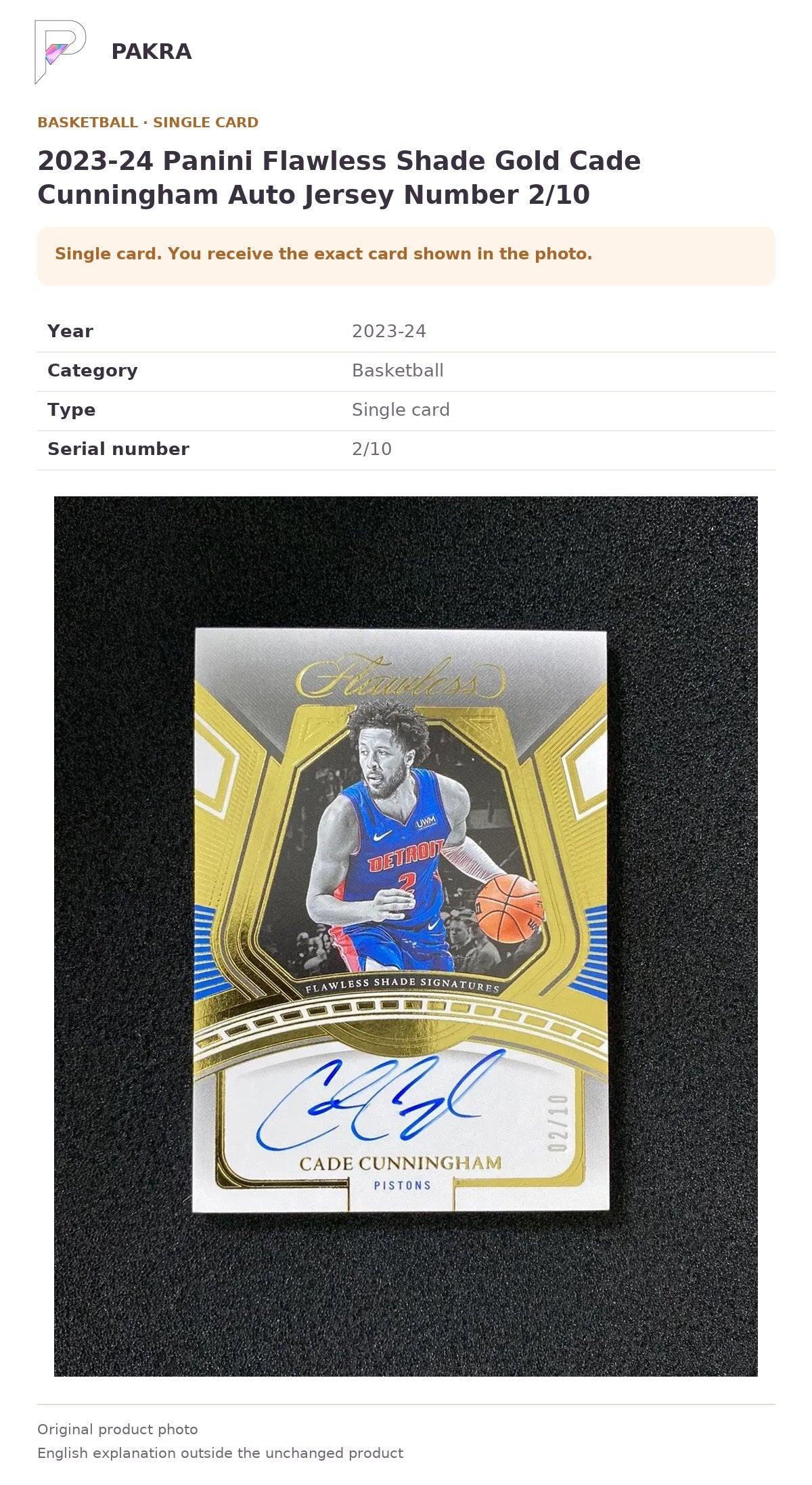 Item details and original photo for 2023-24 Panini Flawless Shade Gold Cade Cunningham Auto Jersey Number 2/10.
