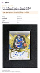 Item details and original photo for 2023-24 Panini Flawless Shade Gold Cade Cunningham Auto Jersey Number 2/10.