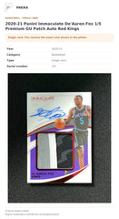 Item details and original photo for 2020-21 Panini Immaculate De'Aaron Fox 1/5 Premium GU Patch Auto Red Kings.