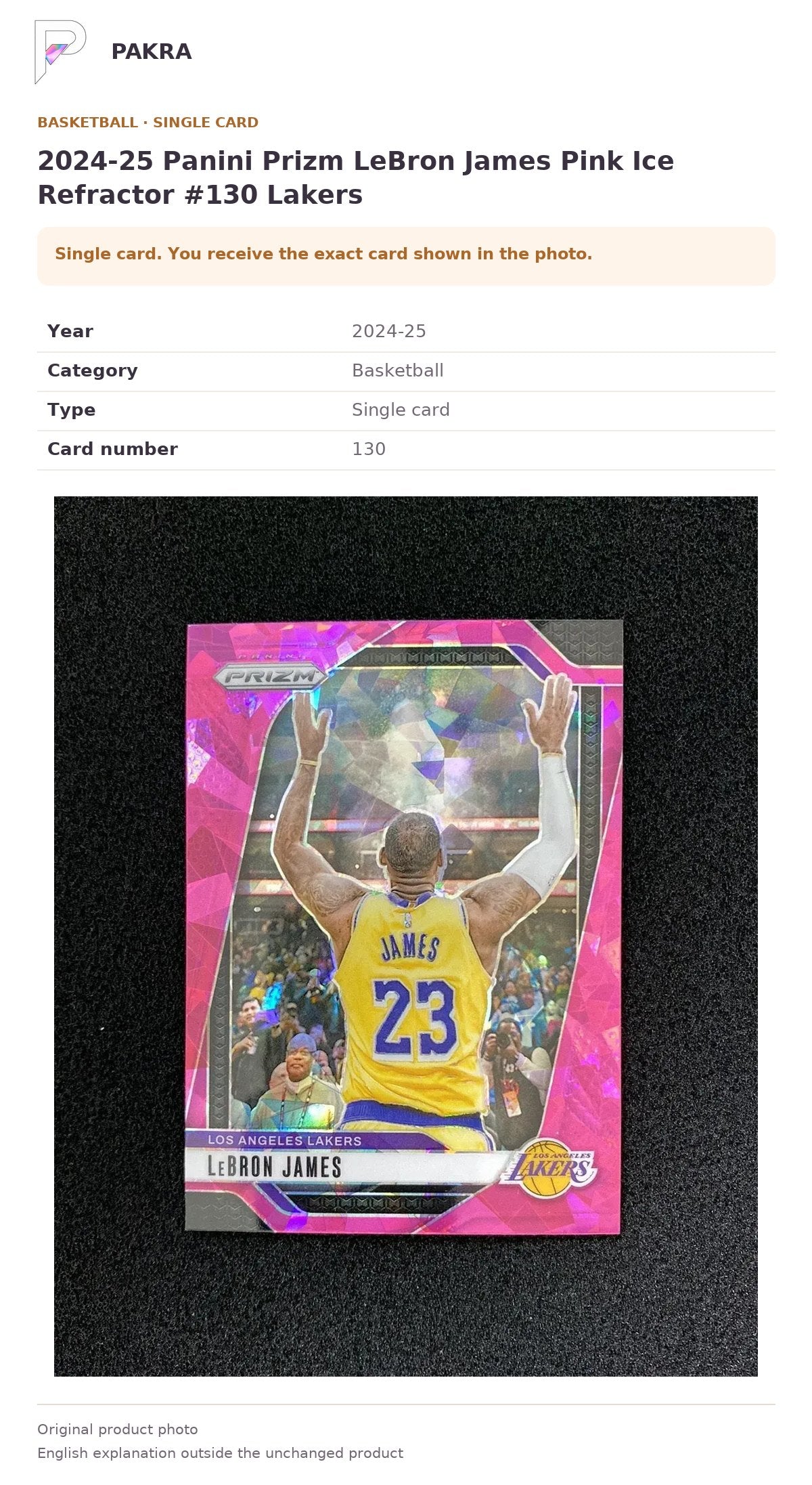 Item details and original photo for 2024-25 Panini Prizm LeBron James Pink Ice Refractor #130 Lakers.